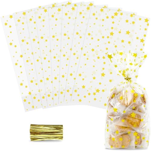 Sachet Biscuit Noel Etoile, 100pcs Sachets Transparents pour Biscuits, Sachet Bonbon Noel, Sachets Sacs Cellophane Plastique avec Cravates Torsadées pour Biscuits Patisserie Gateau Cadeau