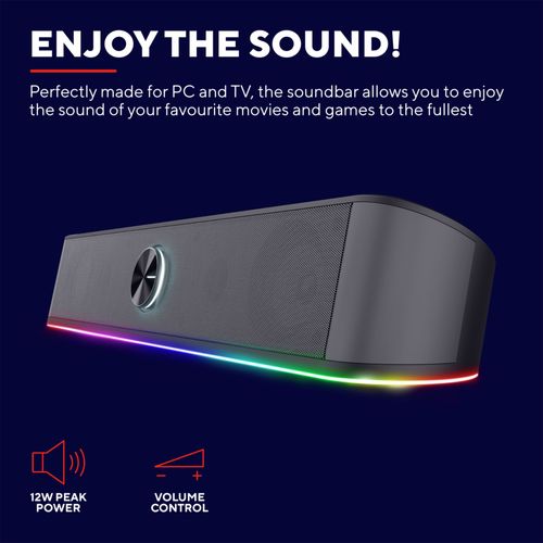 Trust Gaming Barre de Son Éclairée RGB GXT 1619 Rhox, Enceintes Stéréo 2.0 Éclairage LED RGB, 12W, USB, AUX 3.5 mm - Noir/Gris