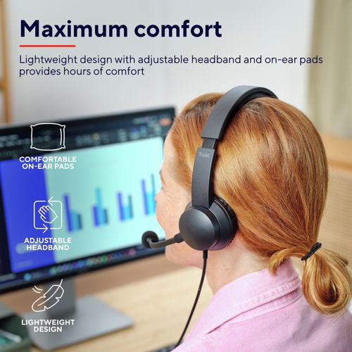 Trust Roha II Casque USB avec Micro Léger on Ear, Arceau Réglable, Microphone Flexible, Câble 1,8 m, Casque Audio PC Filaire