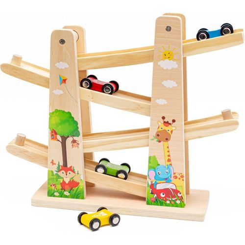 Jouets en Bois Rampe de Course Voiture Garage | Toboggan de Voiture Zig Zag | Jouets pour Tout-Petits Piste de Course en Bois avec 4 Voitures en Bois pour 3 4 Ans garçon Cadeaux (Forest)