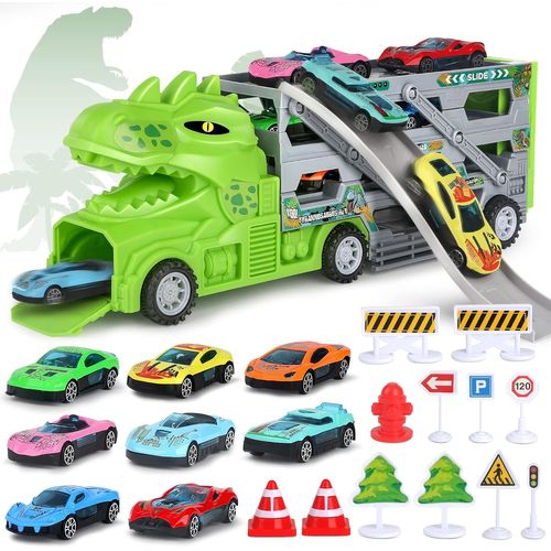Camion Jouet Voiture pour 3 4 5 Ans, Garage Rampe Dinosaure Jouet Garçons avec 8 Petite Voitures 1 Accessoires de Carte Routière Coffret Cadeau pour Enfants