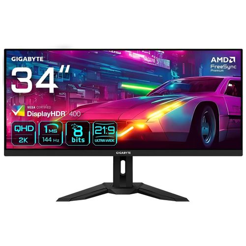 Gigabyte M34WQ - Écran LED - 34" - 3440 x 1440 WQHD @ 144 Hz - IPS - 400 cd/m² - 1000:1 - DisplayHDR 400 - 1 ms - 2xHDMI, DisplayPort, USB-C - haut-parleurs - noir