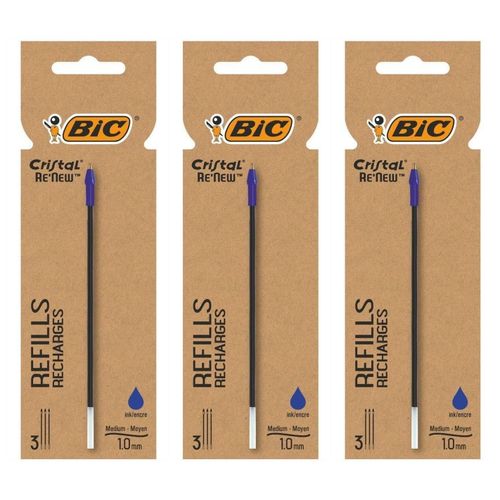 Bic Lot De 3 Etuis De 3 Recharges Pour Stylo Bille Cristal Re¿New Pointe Moyenne Bleue