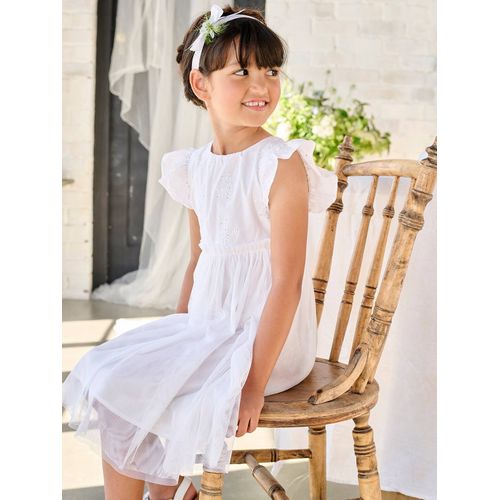 Robe Cérémonie Bi-Matière En Broderie Anglaise Et Tulle Fille Blanc