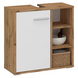 Meuble Sous Lavabo Nistos Rangement De Salle De Bain Avec 1 Porte Et 3 Étagères Couleur Chêne Wotan Et Blanc