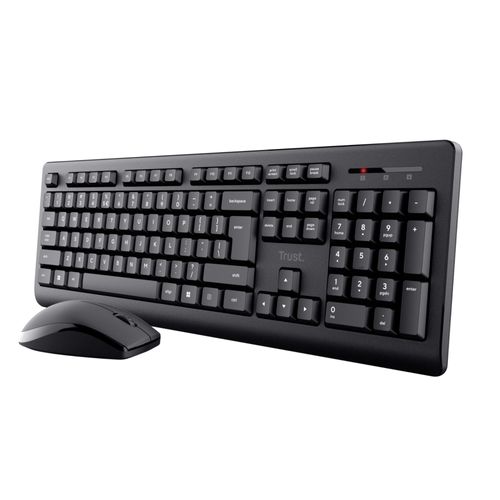 Trust Primo Pack Clavier et Souris sans Fil AZERTY Français, Touches Plates, Résistant aux Éclaboussures Clavier avec Pavé Numérique