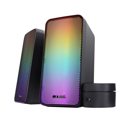 Trust Gaming GXT 611 Wezz Enceinte PC Gamer 2.0, LED RGB, 12 W (6 W RMS), USB, Connexion 3,5 mm, Contrôle du Volume Filaire - Noir
