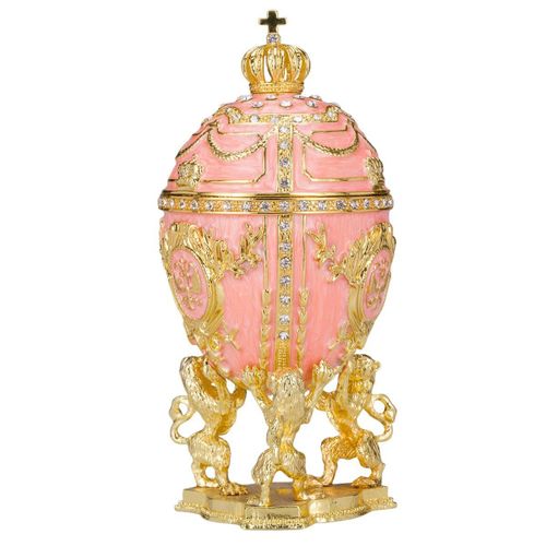 Oeuf à la Fabergé boîte à bijoux avec des lions et couronne 15,5 cm,rose