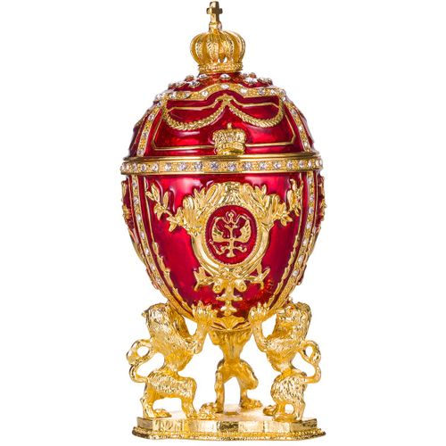 Oeuf à la Fabergé boîte à bijoux avec des lions et couronne 15,5 cm, rouge