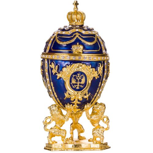 Oeuf à la Fabergé boîte à bijoux avec des lions et couronne 15,5 cm, bleu