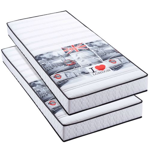 Lot de 2 Matelas mousse 90x190cm LONDON Profilée 5 zones de confort. Soutien ferme et enveloppant. Bonne indépendance de couchage.Épaisseur 15cm. Housse Hypoallergénique. BLUEMOON Fabriqué en Belgique
