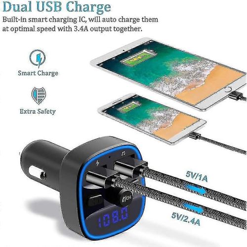 Émetteur Bluetooth Fm Bluetooth 5.0 Adaptateur D¿Autoradio Lecteur Mp3 Kit Mains Libres Sans Fil Chargeur Allume-Cigare Avec Deux Ports Usb 5v / 2.4a Et