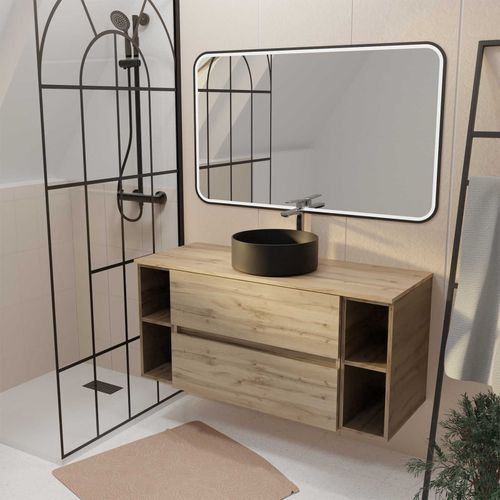 Meuble De Salle De Bains 120 Timber Décor Chêne 2 Tiroirs - Vasque Noire À Poser Miroir Led 120x70
