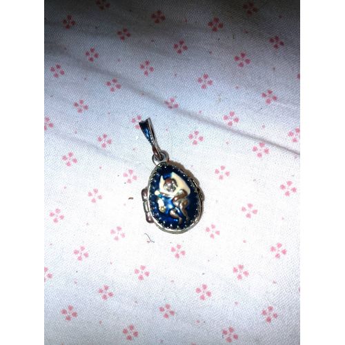 Pendentif En Métal Doré Sur Petit Oeuf Bleu Thème L Ange Du Diable.