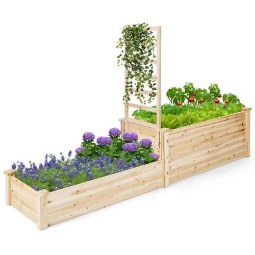 Costway Carré Potager En Bois De Sapin -223x64x134cm- Treillis, Base Ouverte, Peinture Diy - Vignes Grimpantes Fruits Fleurs Légumes