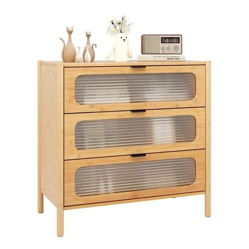 Costway Commode À 3 Tiroirs Avec Front En Verre Trempé Rayé, Bambou Pour Salon, Chambre, Bureau, Naturel, 80 X 40 X 78,5 Cm