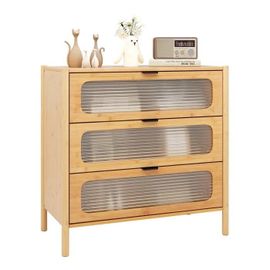 Costway Commode À 3 Tiroirs Avec Front En Verre Trempé Rayé, Bambou Pour Salon, Chambre, Bureau, Naturel, 80 X 40 X 78,5 Cm