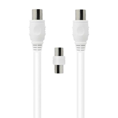 Câble TV Coaxial 9.52mm Mâle/Femelle 2m avec Adaptateur Mâle/Mâle, Blanc