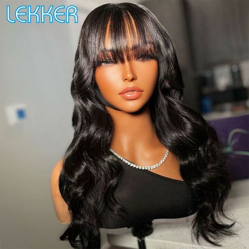 Lekker-Perruque Brésilienne Remy Avec Frange Pour Femme,Cheveux Naturels,Ondulés,Longs,Profonds,Faits À La Machine - Type 20 Pouces