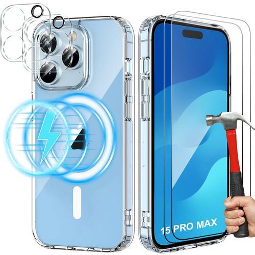 Coque Pour Iphone 15 Pro Max Avec Cercle Magnétique + 2 Verres Trempés Et 2 Protections Caméra Arrière - Booling