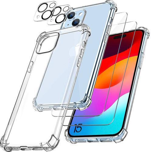 Coque Silicone Pour Iphone 15 Antichoc + 2 Vitres Verre Trempé Et 2 Protections Caméra Arrière - Booling