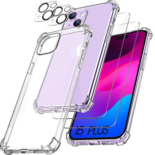 Coque Silicone Pour Iphone 15 Plus + 2 Verres Trempés Ecran Et 2 Protections Objectif Arrière - Booling