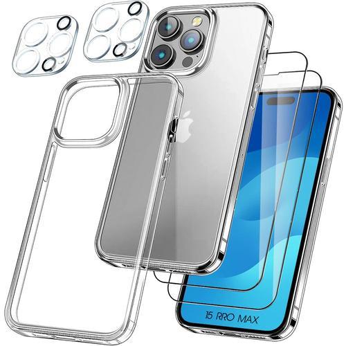 Coque Pour Iphone 15 Pro Max Silicone Transparent + 2 Vitres Verre Trempé Et 2 Protections Caméra Arrière - Booling