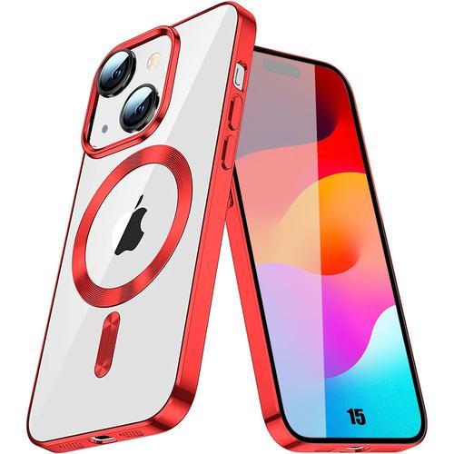 Coque Pour Iphone 15 Avec Cercle Magnétique Protection Antichoc Transparent Contour Brillant Rouge - Booling