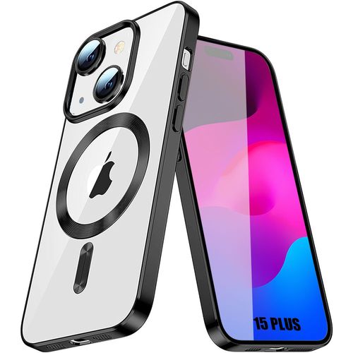 Coque Silicone Pour Iphone 15 Plus Avec Anneau Magnétique Protection Transparente Contour Brillant Noir - Booling