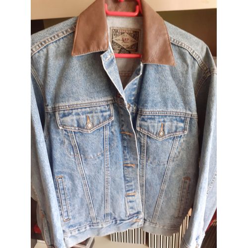 Veste En Jean Homme Avec Col En Cuir Marron - Taille S - Marque (Compagnie Internationale) - Made In Macau.