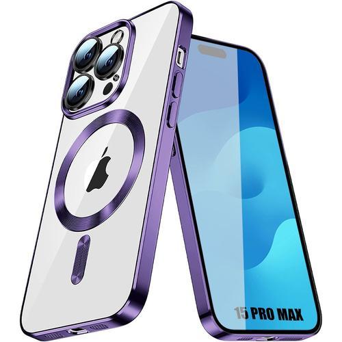 Coque Pour Iphone 15 Pro Max - Protection Transparente Contour Chromé Violet Avec Cercle Magnétique - Booling