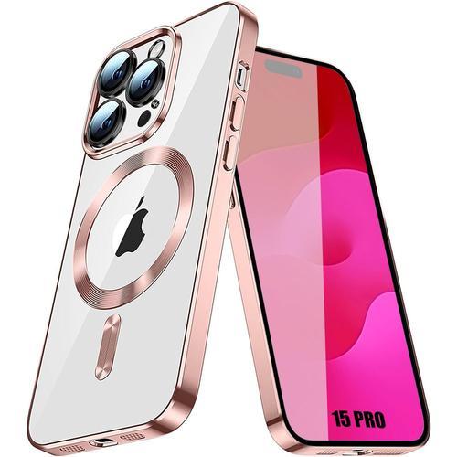 Coque Pour Iphone 15 Pro Avec Cercle Magnétique Protection Silicone Antichoc Transparent Contour Rose - Booling