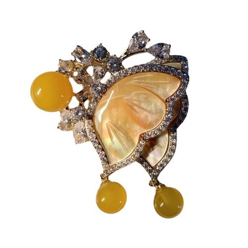Broche Papillon Coquillage Jaune Vintage De Luxe - Broche Pour Manteau En Cuivre Et Zircon