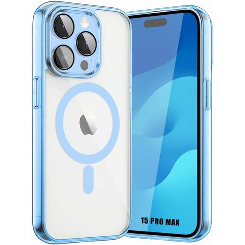 Coque Pour Iphone 15 Pro Max Avec Cercle Magnétique Et Vitre Protection Caméra, Antichoc Rigide Transparent Contour Bleu - Booling