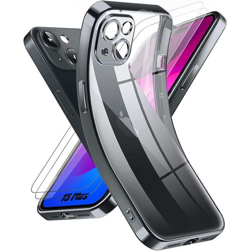 Coque Silicone Pour Iphone 15 Plus Noir + 2 Verres Trempés Vitre Protection - Booling