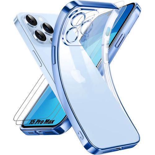 Coque Pour Iphone 15 Pro Max Silicone Transparent Avec Contour Bleu + 2 Verres Trempés - Booling