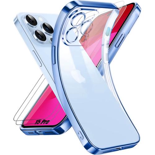 Coque Pour Iphone 15 Pro Bleu Et 2 Verres Trempés Vitre Protection D'écran Transparent - Booling