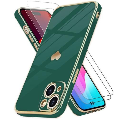 Coque Pour Iphone 15 Vert Nuit Motif CUr Anti-Rayure Souple Tpu + 2 Verres Trempés - Booling