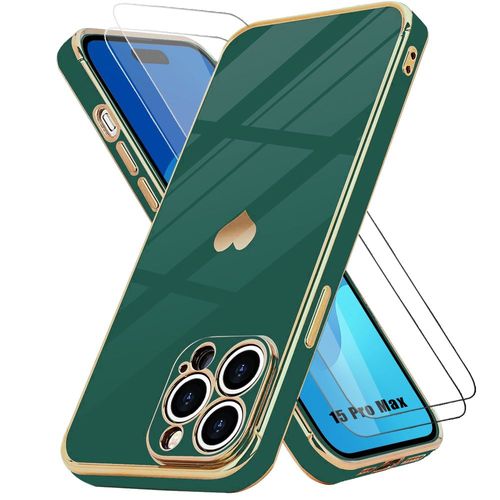 Coque Pour Iphone 15 Pro Max Protection Silicone Vert Nuit Anti-Rayures Motif CUr + 2 Verres Trempés - Booling