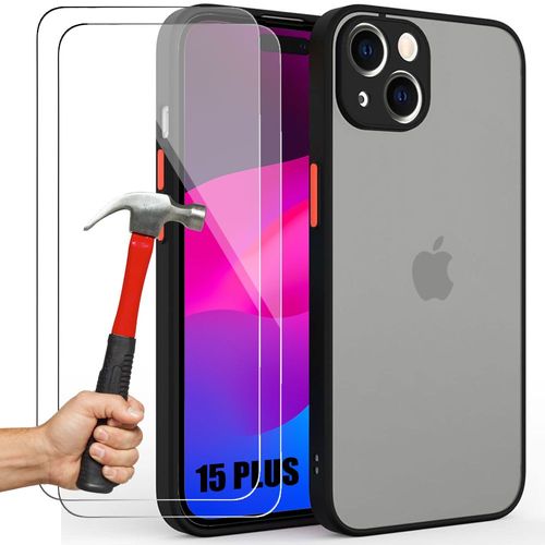 Coque Pour Iphone 15 Plus, Protection Silicone Fine Rigide Antichoc Noir + 2 Verres Trempés - Booling