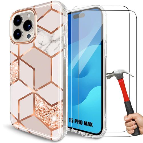 Coque Pour Iphone 15 Pro Max + 2 Verres Trempés, Motif Marbre Rose Silicone Protection - Booling