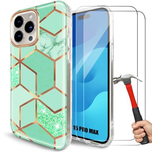 Coque Pour Iphone 15 Pro Max + 2 Verres Trempés, Housse Slim Et Élégant Tpu Résistant Antichoc Turquoise - Booling