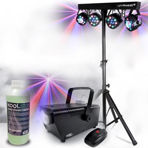 Pack Lumières LyteQuest Portique Eclairage soirée, Fête, avec 4 PAR /UV/FRIZTAL DMX 18 prog. + Machine à fumée et liquide inclus