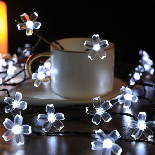 Guirlande Lumineuse Sakura A Energie Solaire Led Etanche Pour Decoration Exterieure, Cour, Blanc Pur, 5 Metres, 20 Lumieres