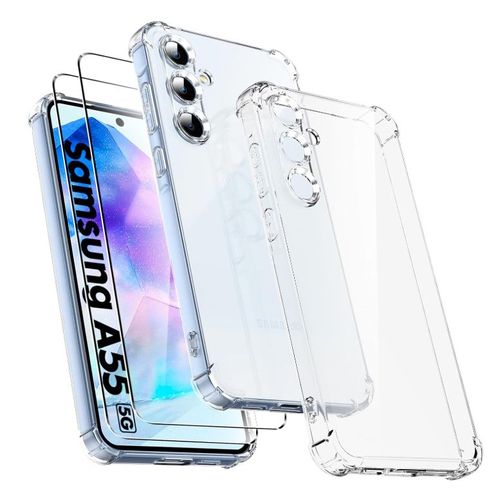 Hqselection® Coque Pour Samsung Galaxy A55 5g Avec 2 Pièces Protection Écran En Verre Trempé,Ultra Transparent Étui De Protection En Silicone Antichoc Avec Coins Renforcés, Clair Mince Souple Tpu Bumper