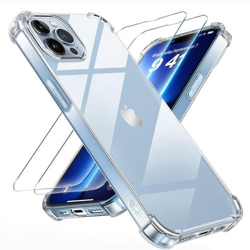 Hqselection® Coque Pour Iphone 13 Pro 6,1"" Avec 2 Pièces Protection Écran En Verre Trempé,Ultra Transparent Étui De Protection En Silicone Antichoc Avec Coins Renforcés, Clair Mince Souple Tpu Bumper