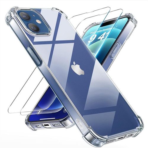 Hqselection® Coque Pour Iphone 12 6,1"" Avec 2 Pièces Protection Écran En Verre Trempé,Ultra Transparent Étui De Protection En Silicone Antichoc Avec Coins Renforcés, Clair Mince Souple Tpu Bumper