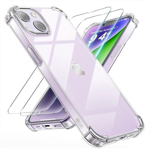 Hqselection® Coque Pour Iphone 14 Plus 6,7"" Avec 2 Pièces Protection Écran En Verre Trempé,Ultra Transparent Étui De Protection En Silicone Antichoc Avec Coins Renforcés, Clair Mince Souple Tpu Bumper