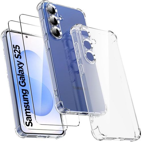 Hqselection® Coque Pour Samsung Galaxy S25 5g Avec 2 Pièces Protection Écran En Verre Trempé,Ultra Transparent Étui De Protection En Silicone Antichoc Avec Coins Renforcés, Clair Mince Souple Tpu Bumper