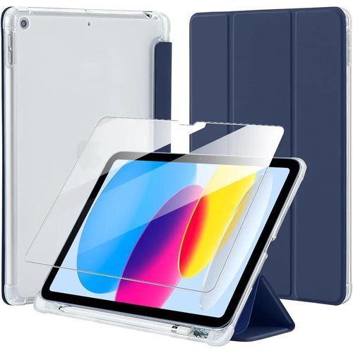 Coque + Verre Trempé Pour Ipad 11'' (A16) / Ipad 10,9'' 10e Génération, Protection Antichoc Avec Porte-Stylet - Bleu Marine - E.F.Connection
